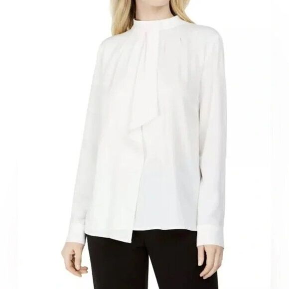 Calvin Klein White Long Sleeve Draped Dress Top Button Mock Turtleneck Petite L - Picture 1 of 12